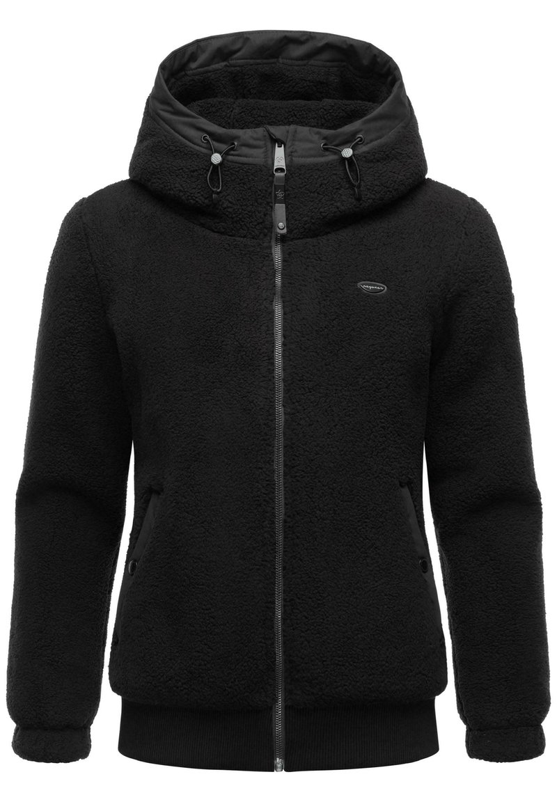 Veste en polaire noire avec col montant, fermeture éclair à l'avant et deux poches latérales. Présente une surface texturée ainsi que des poignets et un ourlet côtelés.