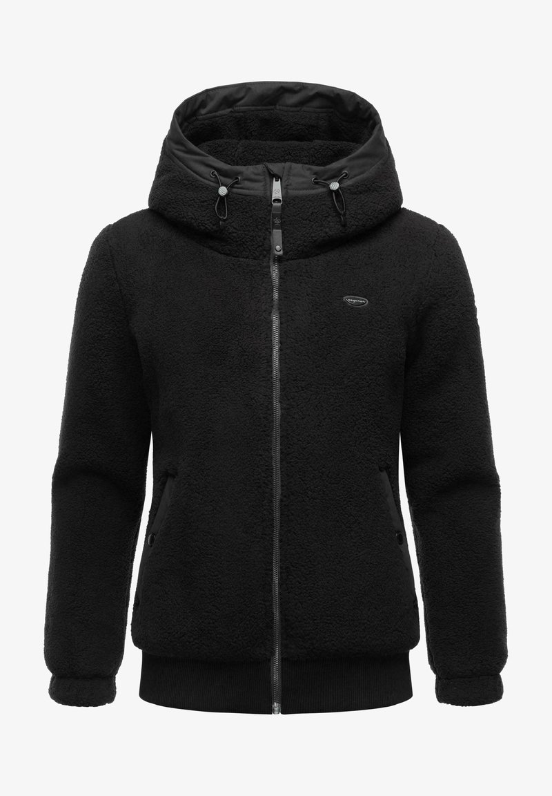 Veste en polaire noire avec col montant, fermeture éclair à l'avant et deux poches latérales. Présente une surface texturée ainsi que des poignets et un ourlet côtelés.