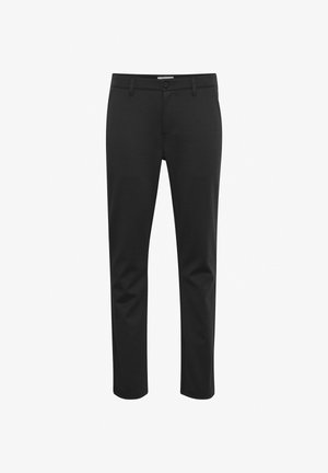 Schwarze, maßgeschneiderte Hose aus glattem Stoff, mit klassischem Schnitt, Gürtelschlaufen und Frontknopfverschluss sowie Taschen.