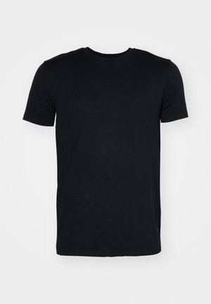 Black short-sleeve T-shirt made of soft cotton, featuring a classic crew neck, straight hem, and subtle texture. Simple, solid color design.