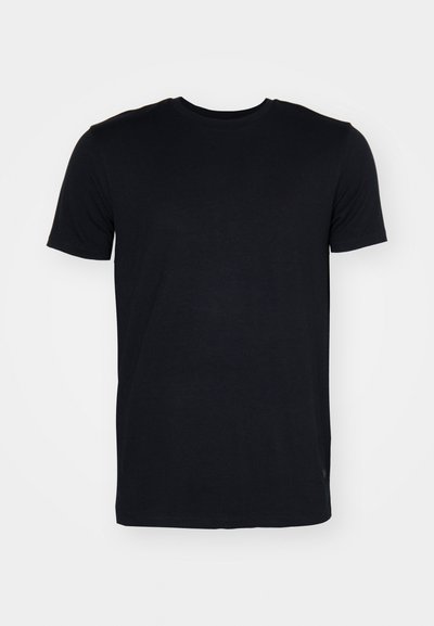 Camiseta negra de manga corta fabricada en suave algodón, con un clásico cuello redondo, dobladillo recto y una sutil textura. Diseño sencillo de color sólido.