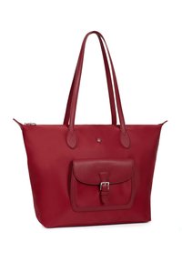 Rode tote tas met lange handvaten, voorflapzak met een zilveren gesp en een bovenste ritsluiting.