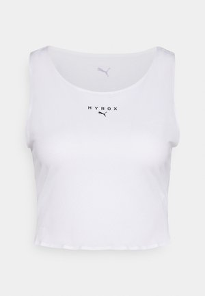 Hvit avkortet tank topp med teksturert design, med rund hals og "HYROX"-logo i svart, samt en liten logo på brystet.