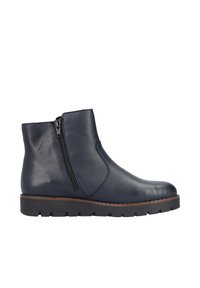 Stivali alla caviglia in pelle blu navy con zip laterale, punta rotonda e suola in gomma strutturata. Presentano una finitura liscia e un'intersuola marrone a contrasto.