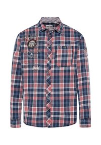 Langärmliges, kariertes Hemd in Rot, Blau und Weiß mit Brusttasche und besticktem Text, einschließlich "Camp David" und bergthematischen Drucken.