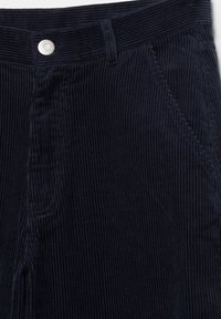 Mornarice barve kordurojske hlače z navpičnimi rebrci, z sprednjim žepom, zadrgo in srebrnim gumbom za zapiranje, fino šivani detajli šivov.