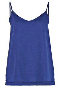 Top caraco bleu sans manches avec fines bretelles spaghetti et décolleté en V sur fond blanc.