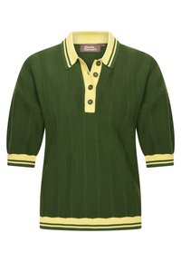 Green knit polo shirt with a yellow collar. Features three buttons and short, puffed sleeves. Vertical ribbed pattern and contrasting stripes.