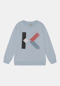 Light blue sweatshirt featuring a geometric graphic in black, white, pink, and blue. Soft fabric with ribbed cuffs and hem.
