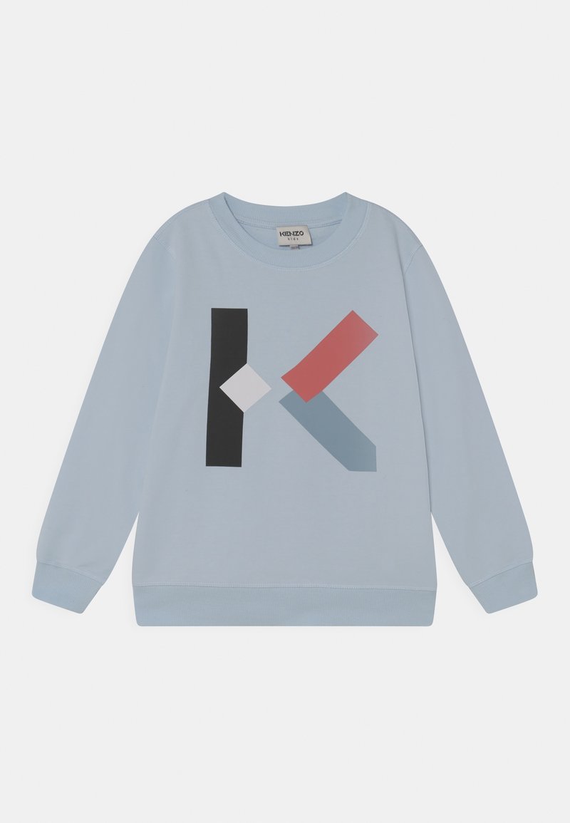 Light blue sweatshirt featuring a geometric graphic in black, white, pink, and blue. Soft fabric with ribbed cuffs and hem.