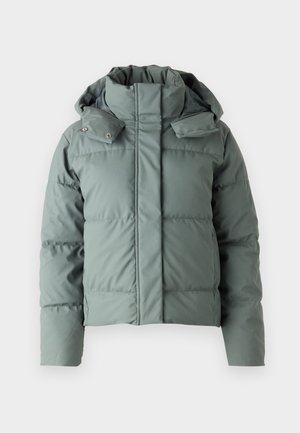 Puffed jacket in muted green, featuring a high collar, detachable hood, and snap buttons. Smooth texture with stitched panel detailing.
