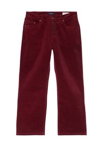 Bordeaux corduroy bootcut broek met vijf-knoopsluiting, voorzakken en textuurstof. Kenmerkt zich door een rechte snit en minimale accenten.