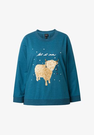 Teeal Sweatshirt mit langen Ärmeln, das ein Grafik eines Highland-Rinds und den Text "lass es schneien" zeigt. Weicher Stoff mit einem entspannten Schnitt.