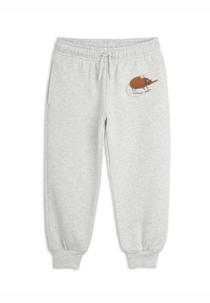 Lysegrå børnesweatpants med elastisk talje og manchetter, med et lille broderet design af en brun elefantmulvad foran.