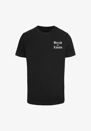 Zwarte katoenen t-shirt met witte tekst die "Break the Limits" zegt op de linkerborst. Klassiek ronde hals ontwerp.