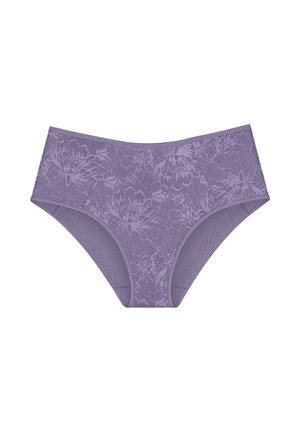 Fioletowa koronka bielizna z kwiatowymi wzorami, gładkim paskiem i pełnym pokryciem, o miękkiej teksturze.