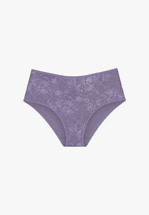 Spitzenunterwäsche in Lila mit floralen Mustern, einem glatten Bund und einem vollbedeckenden Design mit weicher Textur.