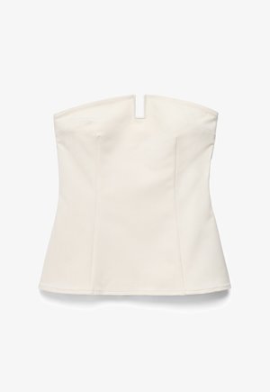 Strapless white corset top with a small center front notch and panel seams for shaping.