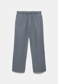 Pantalon ample à carreaux bleus et blancs avec cordon de serrage, taille élastique, jambes droites et style décontracté.