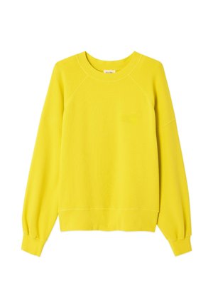 Hellgelbes Sweatshirt mit langen Ärmeln, Rundhalsausschnitt sowie gerippten Bündchen und Saum, flach auf weißem Hintergrund ausgelegt.