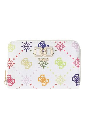 Portefeuille blanc avec motifs en losange et logos multicolores, emblème doré « GUESS » et fermeture éclair sur le côté gauche.