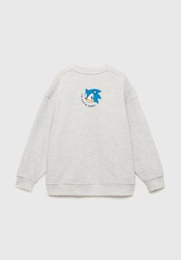 Siva pulover iz mešane bombažne tkanine, s svetlo modrim grafičnim motivom risanega junaka na hrbtni strani, z napisom "ODHAJAM!" v krogu.