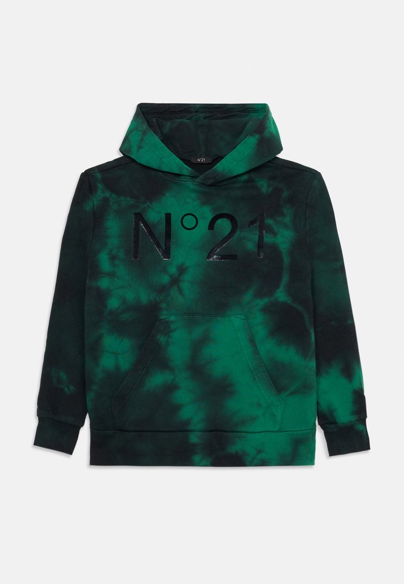 Grüner Tie-Dye-Hoodie mit Kängurutasche, verstellbarem Hoodie und auffälligem schwarzen "N°21"-Druck auf der Vorderseite. Weicher Stoff.