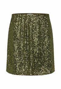 Gonna verde oliva decorata con paillettes, forma dritta, tessuto strutturato e vita aderente. I riflessi brillanti catturano la luce sulla superficie.
