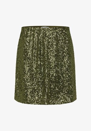 Fustă de culoare verde măslinie, decorată cu paiete, cu o formă dreaptă, dintr-un material texturat și cu un talie ajustată. Sclipirile reflectă lumina pe suprafață.