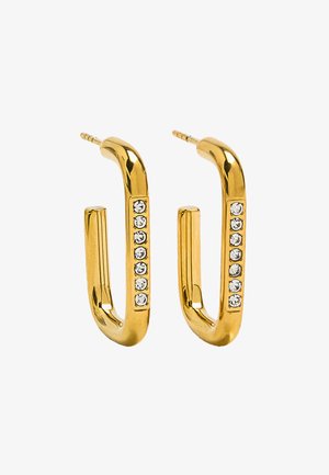 Złote kolczyki w kształcie płaskich prostokątów, każdy ozdobiony sześcioma małymi przezroczystymi kamieniami szlachetnymi wzdłuż zewnętrznej krawędzi.