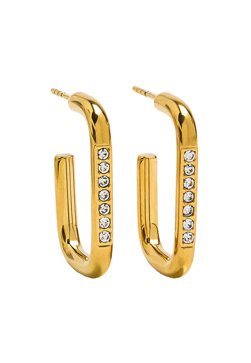 Złote kolczyki w kształcie płaskich prostokątów, każdy ozdobiony sześcioma małymi przezroczystymi kamieniami szlachetnymi wzdłuż zewnętrznej krawędzi.