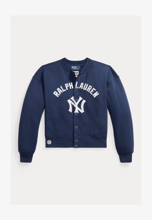 Felpa blu navy con bottoni, scritta bianca "RALPH LAUREN" e logo dei New York Yankees sul petto, polsini e colletto a coste.