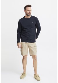 Felpa navy con collo a giro e polsini a costine, abbinata a pantaloni cargo beige e calzature marrone chiaro. Design semplice, vestibilità comoda.