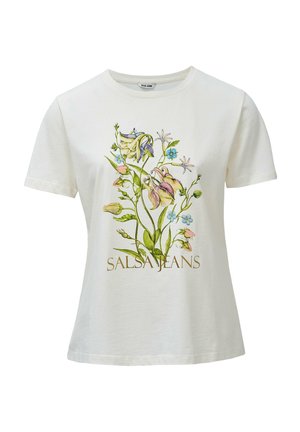 Camiseta blanca de manga corta con un diseño floral colorido y el texto "SALSA JEANS" impreso debajo de las flores.