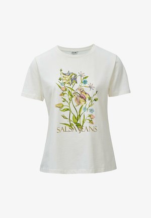 Camiseta blanca de manga corta con un diseño floral colorido y el texto "SALSA JEANS" impreso debajo de las flores.