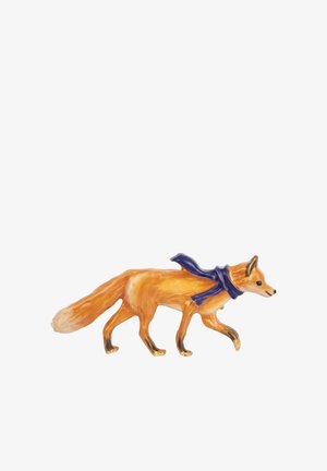 Keraaminen foxi-figuuri, jossa on oranssi runko, yksityiskohtainen turkistekstuuri, kultaiset yksityiskohdat ja sininen huivi. Se seisoo kävelyasennossa valkoista taustaa vasten.