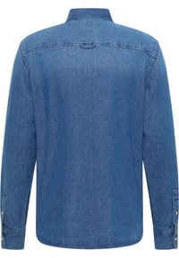 Keskmise sinise tooniga teksasärk, pikad varrukad nuppudega mansettidega, krae ja kaardus äär. Sile tekstuur peente pleekimistega.