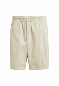 Pantaloni corti in cotone beige con una vita elastica, taglio dritto e texture liscia; presenta un piccolo dettaglio con logo sul fondo.