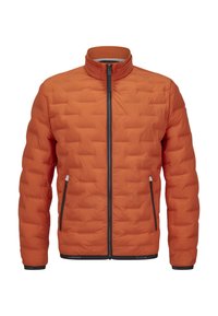 Oranger Steppdaunenmantel mit Stehkragen, Frontreißverschluss, zwei Seitentaschen, gesteppte Musterung und schwarzen Details am Saum und an den Bündchen.