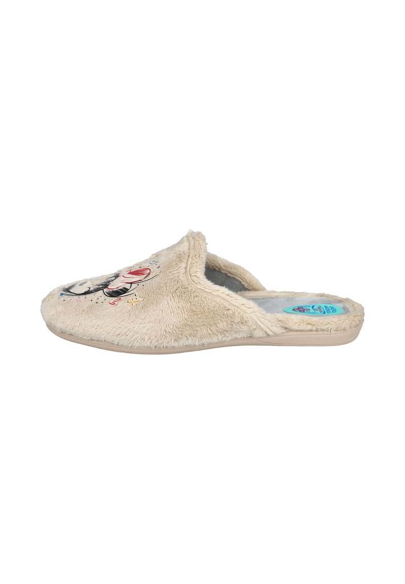 Zapatilla abierta de peluche beige con un diseño floral bordado en rojo, negro y blanco en la parte superior, y una plantilla acolchada de color azul claro.