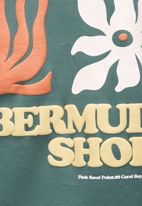 Κείμενο "BERMUDA SHO" με μεγάλα κρεμ γράμματα σε πράσινο ύφασμα, με πορτοκαλί σχήμα κοραλλιού και λευκό λουλούδι με πορτοκαλί κέντρο από πάνω.