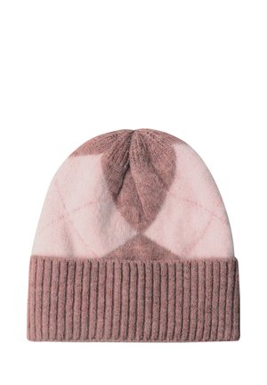 Bonnet en tricot rose et mauve avec un revers côtelé et un motif géométrique en losanges.