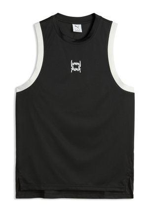 Sort ærmeløs atletisk top med hvid kant ved armhulerne og hvid Puma-logo på brystet.