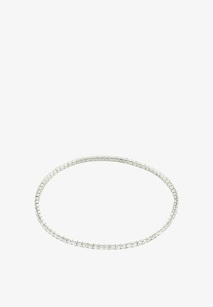Strieborný tónový elastický náramok s obdĺžnikovými a guľatými článkami, zdobený čírymi krištáľmi po jednej strane, čím vytvára textúrovaný dizajn.