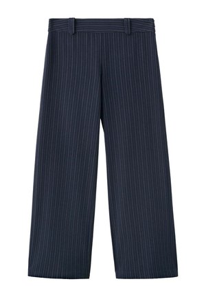Pantalon bleu marine à jambes larges avec fines rayures blanches et passants de ceinture, posé à plat sur fond blanc.