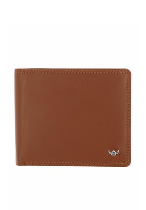 Portafoglio marrone in pelle bifold con cuciture visibili e piccolo emblema d'argento con design alato stilizzato nell'angolo in basso a destra.
