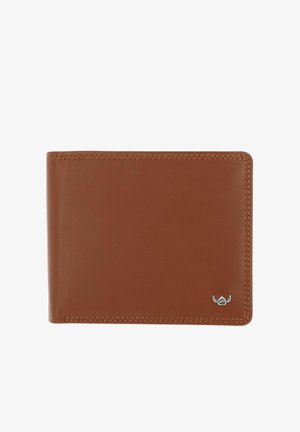 Portafoglio marrone in pelle bifold con cuciture visibili e piccolo emblema d'argento con design alato stilizzato nell'angolo in basso a destra.