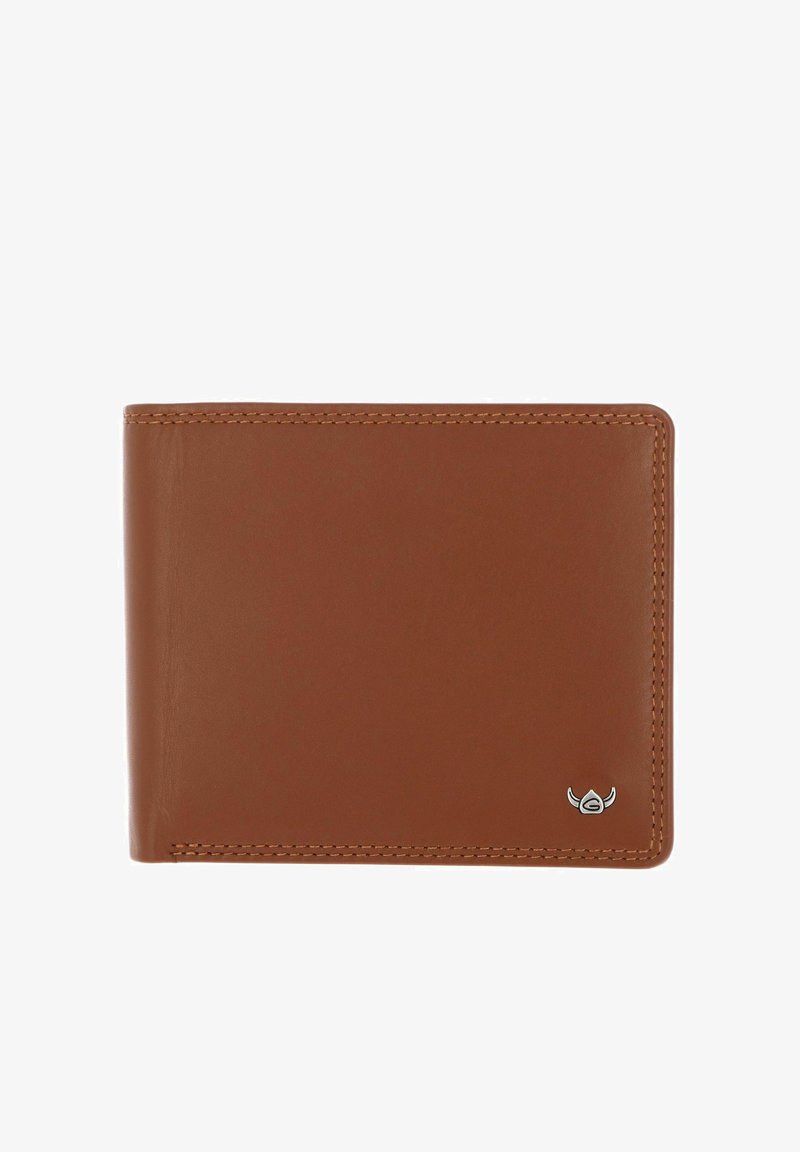 Portefeuille brun en cuir bifold avec coutures visibles et un petit emblème argenté représentant un motif ailé stylisé en bas à droite.