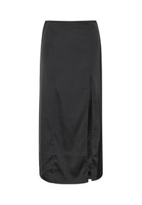 Jupe crayon en satin noir avec une fente sur le côté. Texture lisse, longueur genou et design ajusté, dotée d'une fermeture éclair discrète sur le côté.