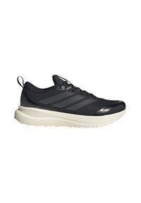 Black athletic sneaker with three gray stripes, thick white sole labeled Cloudfoam, and lace-up closure, viewed from the side.